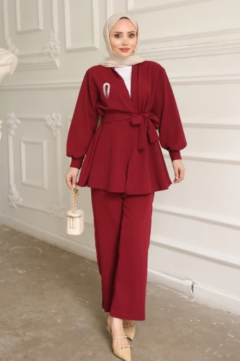 Bordo Yaka Taşlı Tunik Pantolonlu Takım