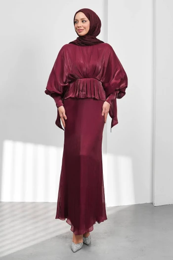 Bordo Yarasa Kol  Katlı Janjan Abiye