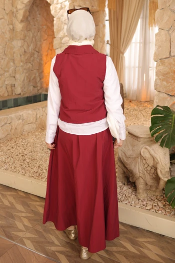 Bordo Yelek Gömlek Etek Üçlü Takım