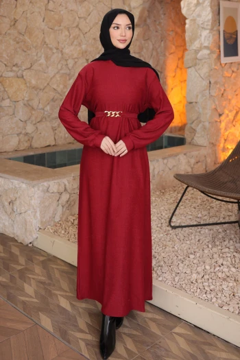 Bordo Zincir Kuşaklı Fitilli Uzun Elbise