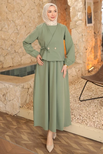 Çağla Yeleği Düğmeli Yandan Bağlamalı Dabıl Elbise Takım