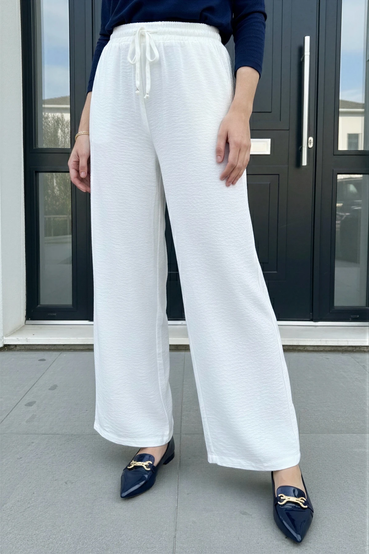 Ekru Bol Paça Ayrobin Pantolon