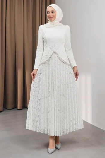 Ekru Güpürlü Eteği Piliseli Tasarım Abiye
