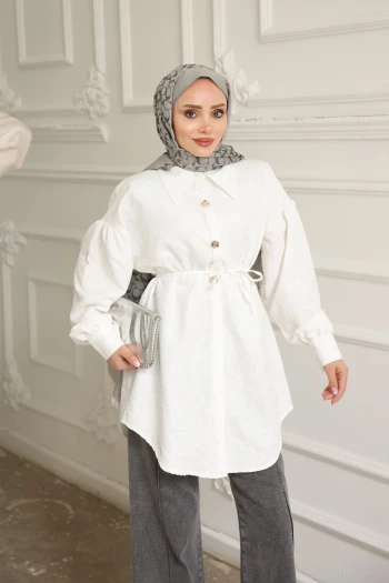 Ekru Kendinden Desenli İp Detaylı Gömlek