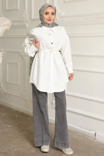 Ekru Kendinden Desenli İp Detaylı Gömlek