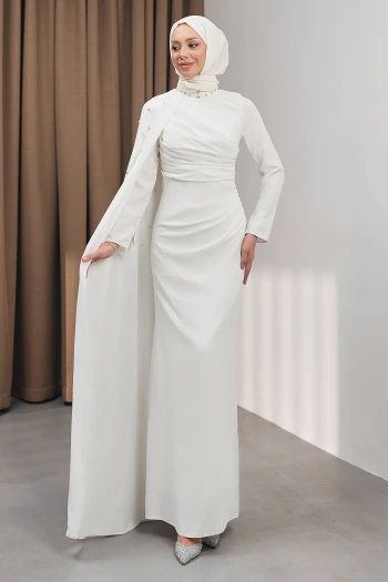 Ekru Taş İşlemeli Pelerinli Abiye