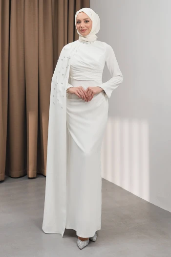 Ekru Taş İşlemeli Pelerinli Abiye