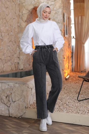 Füme Bel Lastikli Çimalı Kot Pantolon