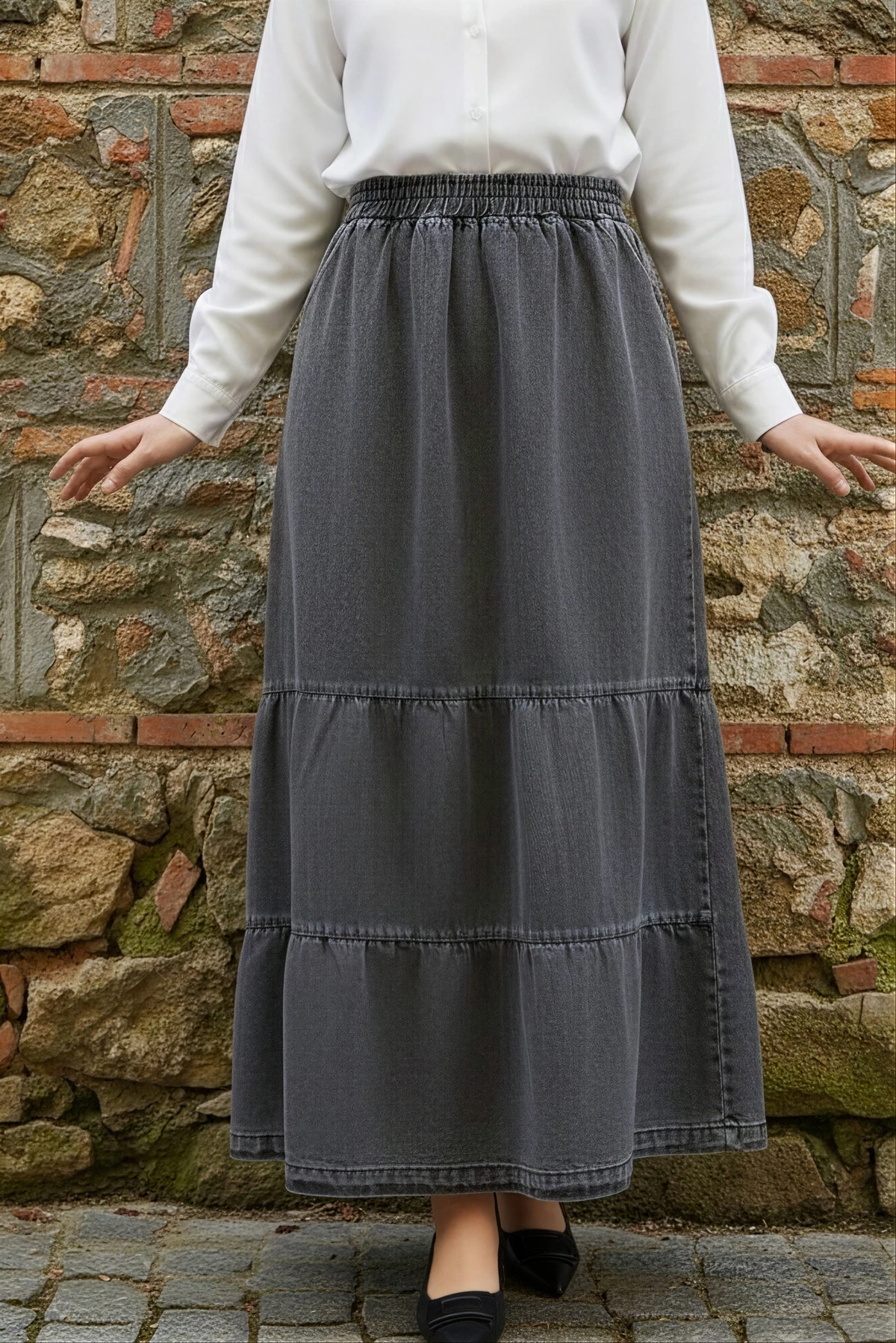 Füme Bel Lastikli Eteği Katli Kot Etek