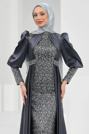Füme Kuyruklu Boncuk İşlemeli Saten Abiye