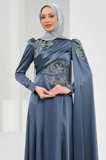 Füme Omuz Pelerrinli Taşlı Saten Abiye