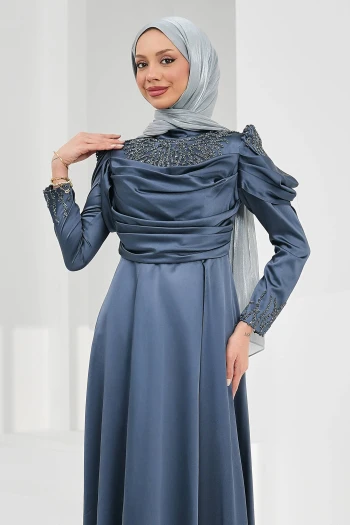 Füme Önü Drapeli Taşlı Saten Abiye