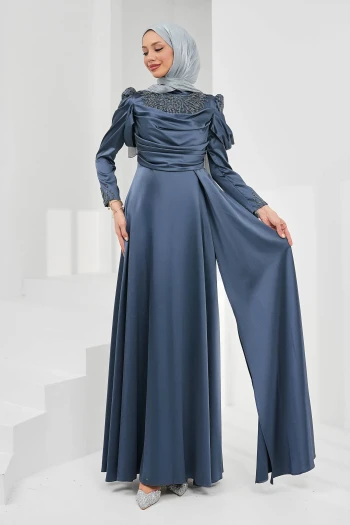 Füme Önü Drapeli Taşlı Saten Abiye