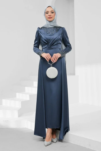 Füme Önü Taşlı Saten Abiye