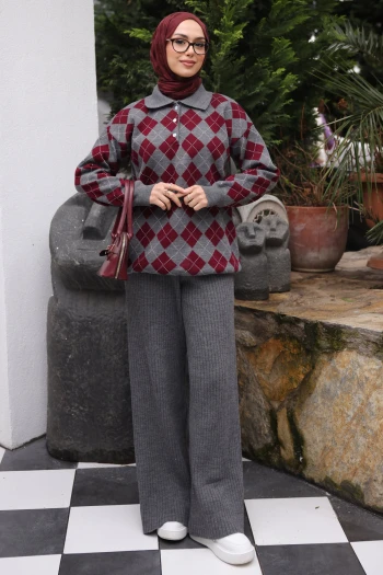 Füme Polo Yaka Baklava Desenli Triko Kazak