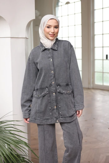 Füme Taşlı Kot Ceket