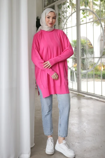 Fuşya Bisiklet Yaka Soğuk İplik Triko Tunik