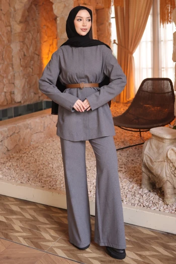 Gri Kemerli Ceket Pantolonlu Takım