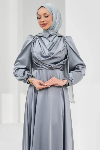 Gri Önü Taşlı Saten Abiye