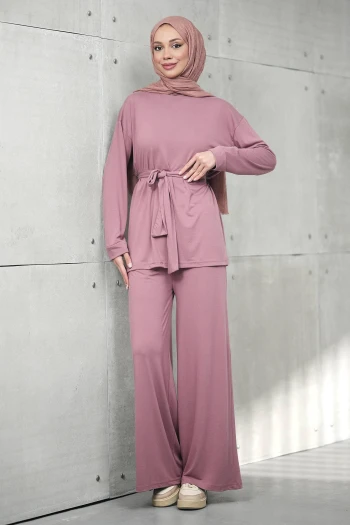 Gül Kurusu Bel Bağlamalı Tunik Pantolonlu Modal Takım