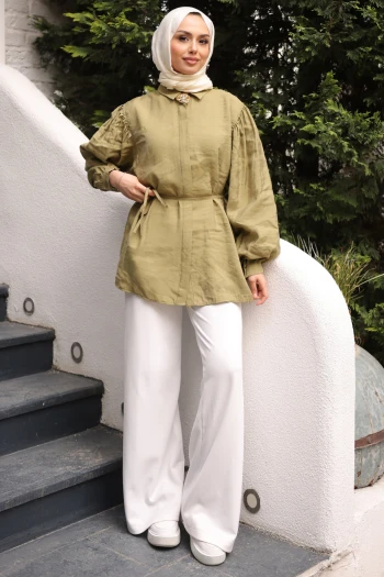 Haki Bel Bağlamalı Broşlu Modal Tunik