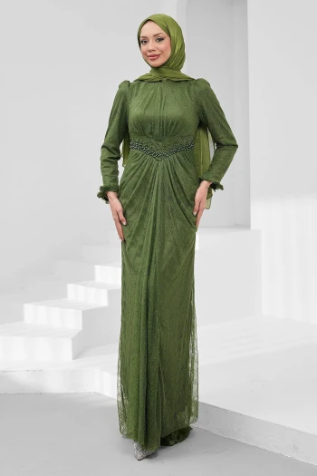 Haki Bel Detaylı Balık Model Güpürlü Abiye