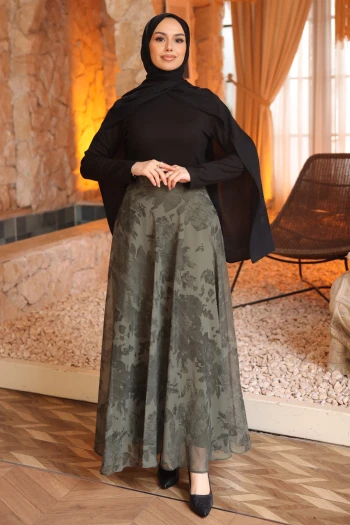 Haki Bel Lastikli Desenli Şifon Etek