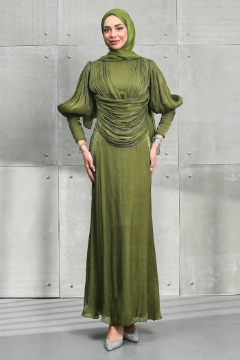 Haki Beli Zincir Detaylı Drapeli Janjan Abiye