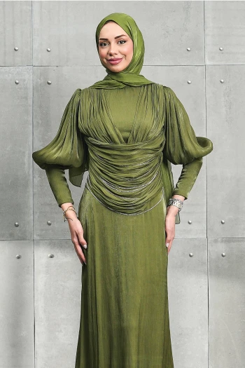 Haki Beli Zincir Detaylı Drapeli Janjan Abiye