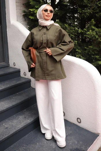 Haki Çıçıtlı Cepli Oversize Gabardin Gömlek