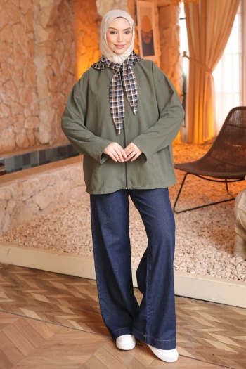 Haki Ekose Bağlamalı Kapüşonlu Ceket