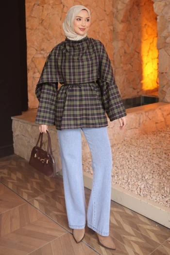 Haki Ekose Desen Bel Bağlamalı Şal Detay Tunik