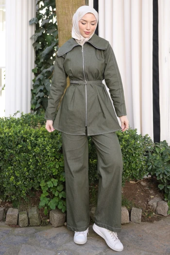 Haki Fermuarlı Kemerli Ceket Pantolonlu Takım