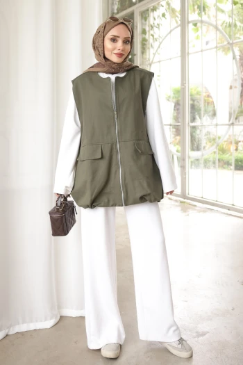 Haki Fermuarlı Oversize Gabardin Yelek