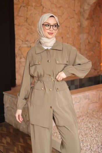 Haki Kemerli Tunik Pantolonlu Modal Takım