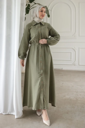 Haki Kol Ve Bel Lastikli Düğmeli Çift Cepli Elbise