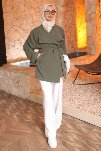 Haki Kruvaze Yaka Kısa Trençkot