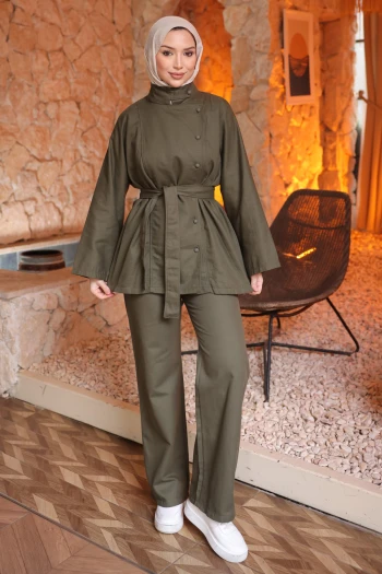 Haki Kuşaklı Ceket Pantolonlu Gabardin Takım