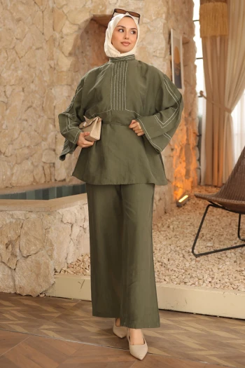 Haki Nakışlı Bel İpli Tunik Pantolonlu Takım