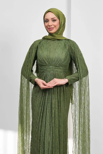 Haki Omuz Pelerinli Drapeli Güpürlü Abiye