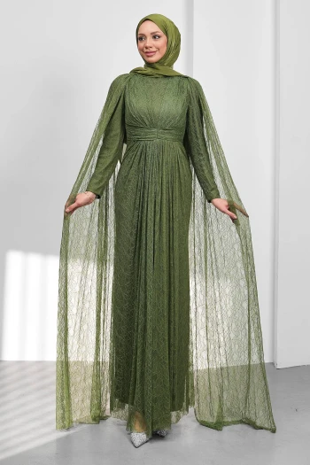 Haki Omuz Pelerinli Drapeli Güpürlü Abiye