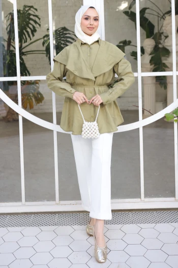 Haki Soft Dokulu Oversize Modal Gömlek