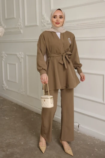 Haki Yaka Taşlı Tunik Pantolonlu Takım