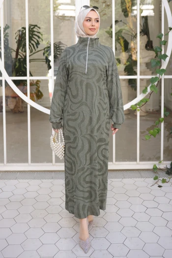 Haki Yarım Fermuarlı Fitilli Desenli Elbise