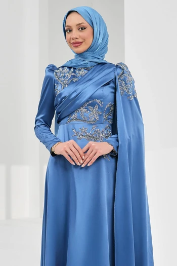 İndigo Omuz Pelerrinli Taşlı Saten Abiye