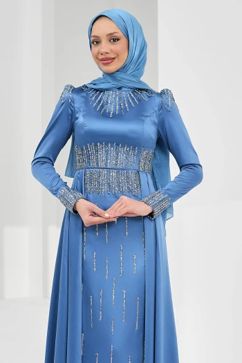 İndigo Önü Taşlı Saten Abiye