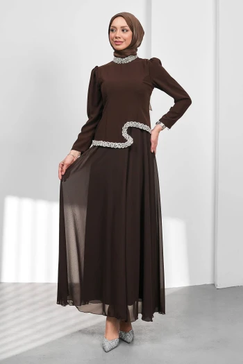 Kahverengi Asimetrik Detaylı Taşlı Abiye