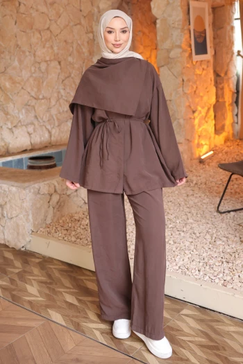 Kahverengi Atkı Detaylı Tunik Pantolonlu Takım