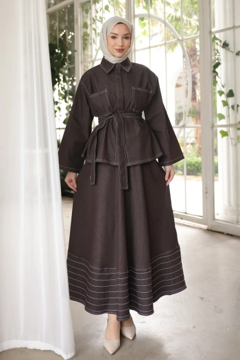 Kahverengi Bel Bağlamalı Ceket Etekli Kot Takım