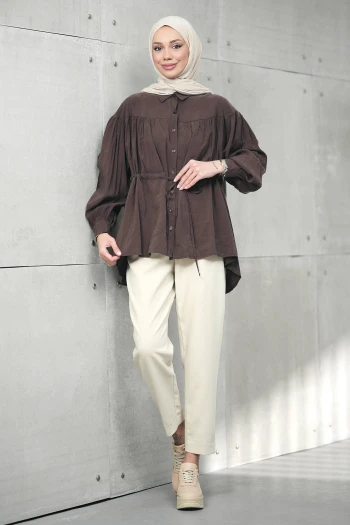 Kahverengi Bel Bağlamalı Modal Salaş Tunik